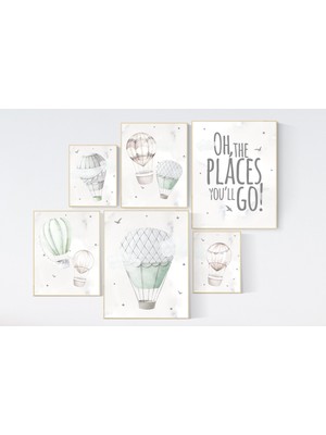 Ninastore Adaçayı Yeşili Sıcak Hava Balonu Bebek Odası Baskıları: Cinsiyetsiz Seyahat Teması