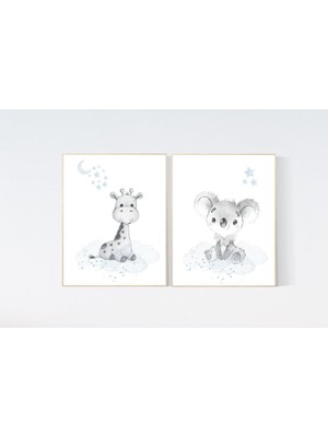 Ninastore Koala ve Zürafa Bebek Odası Baskısı: Mavi Gri Bebek Odası Dekoru