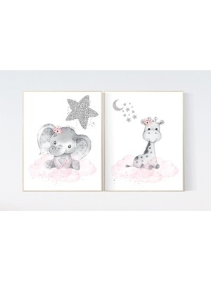 Ninastore Fil ve Zürafa Kreş Baskıları: Pembe ve Gümüş Hayvan Sanatı (2'li Set)