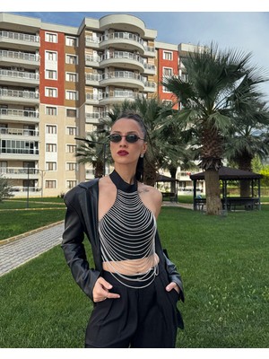 Taşlı Drape Detaylı Siyah Büstiyer