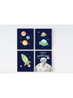 Ninastore Uzay Kreş Sanat Baskıları: Gezegenler, Roket, Rakun