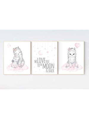 Ninastore Lama Kreş Duvar Sanatı: Pembe ve Gri Lama Baskısı