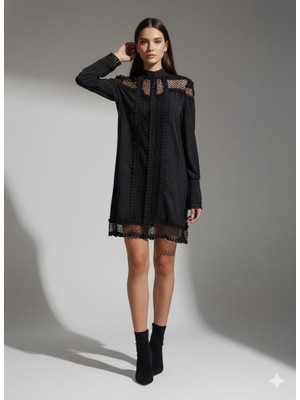 Bosel Kadın Uzun Kollu Yarım Balıkçı Yaka Transparan Detaylı Mini Elbise