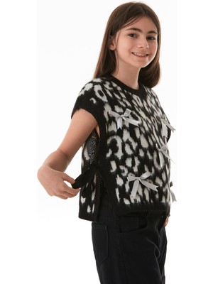 FullaModa Leopar Desenli Fiyonklu Kız Çocuk Triko Süveter