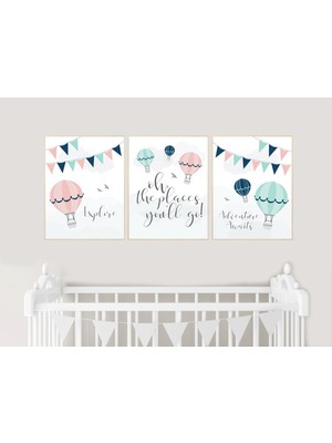 Ninastore Sıcak Hava Balonu Bebek Odası Baskı Seti: Seyahat Temalı Duvar Sanatı