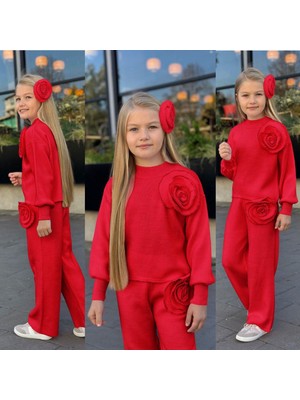 Kokoş Bebe Gül Detaylı Kız Çocuk Triko Takım - 3 Parça – Üst + Pantolon + Saç Aksesuarı - 3/12 Yaş - 31581