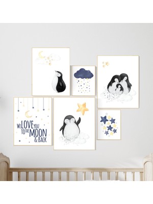 Ninastore Penguen Kreş Sanat Baskıları: Lacivert, Ay ve Yıldızlar