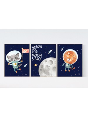 Ninastore Uzay Hayvanları Kreş Sanat Baskıları: Roket, Ay, Astronot Teması