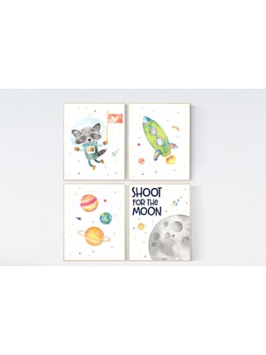 Ninastore Uzay Kreş Sanat Baskıları: Suluboya Roket, Gezegenler, Rakun