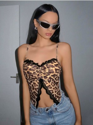 Kadın Leopar Desenli Crop Önden Dantel Detaylı 5095