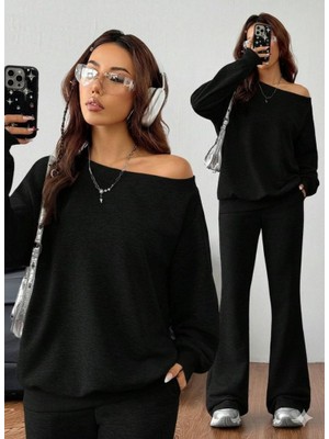 Arben Boutique Kadın Uzun Kollu Tek Omuzdan Açık Iki Iplik Bluz ve Pantolon Ikili Takım