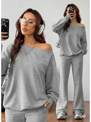 Melen Moda Kadın Uzun Kollu Tek Omuzdan Açık Iki Iplik Bluz ve Pantolon Ikili Takım