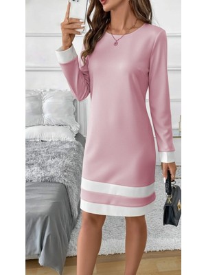 Arben Boutique Kadın Uzun Kollu Yuvarlak Yaka Etek Ucu Şerit Detaylı Mini Dalgıç Elbise