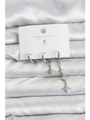 Çarşı Point Kutup Yıldızı Model Gümüş Renk Pirinç 3'lü Kadın Küpe Seti