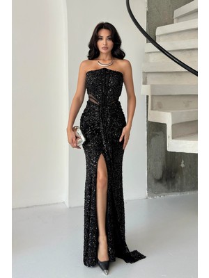 Feminist Siyah Önü Taş Detaylı Yırtmaçlı Pul Payet Straplez Abiye 0801163.01