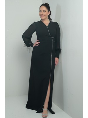 By Saygı Kadın Kolları Şifon Tüy Detaylı Taşlı B.b Uzun Elbise