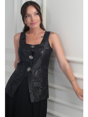 By Saygı Kadın Kare Yaka Astarlı Metal Düğmeli Jakarlı Yelek