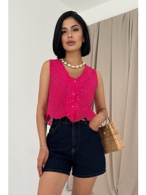 Bosel Fuşya Sıfır Kol Brode Bluz