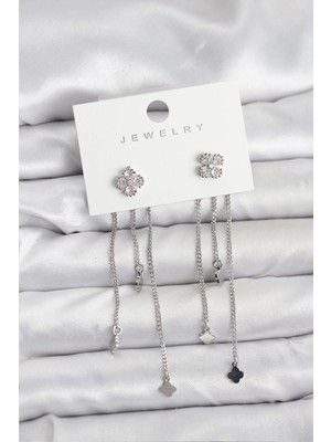 Brf Bfs Pirinç Gümüş Renk Yonca Model Sallantılı Kadın Küpe