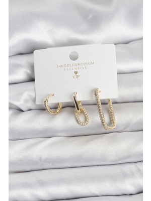 Brf Bfs Gold Renk Zirkon Taşlı 3'lü Kadın Küpe Seti