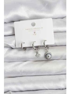 Brf Bfs Nazar Model Gümüş Renk Pirinç 3'lü Kadın Küpe Seti