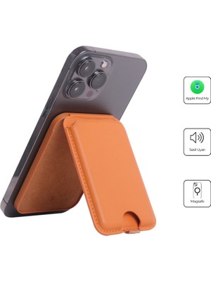 Pluginn Apple iPhone İçin Magsafe Deri Cüzdan Kartlık | Mfı Lisans Apple Find My Özellikli Takip Edilebilir | Amber Turuncu