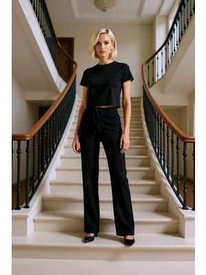 Kadın Alt Üst Fitted Esnek Örme Crop Üst Yüksek Bel Ispanyol Paça Pantolon Takımı Günlük Konfor