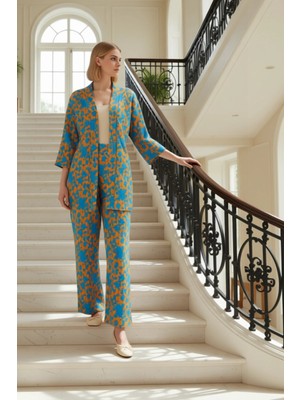 Kadın Alt Üst Şal Desenli Örme Kimono Geniş Paça Pantolon Takımı Yazlık Günlük Konforlu Tasarım