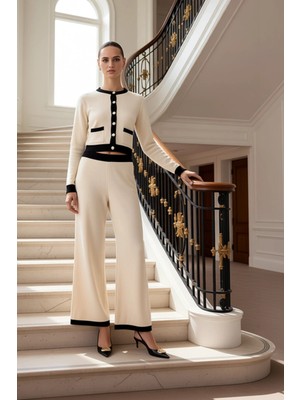 Kadın Alt Üst Triko Takım Bisiklet Yaka Hırka Geniş Paça Pantolon Şık ve Konforlu Günlük Giyim Spor