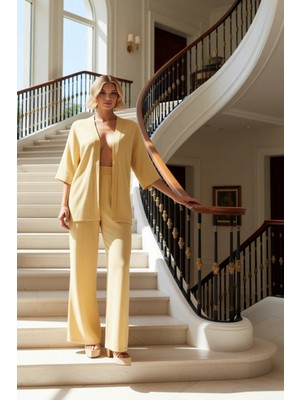 Kadın Alt Üst Konforlu Şık Relaxed Fit Örme Kimono Ceket ve Geniş Paça Pantolon Ikili Takım