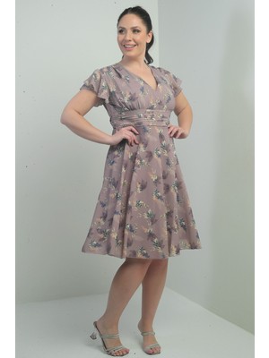 By Saygı Kruvaze Yaka Kolu Volanlı Astarlı Büyük Beden Empirme Keten Elbise