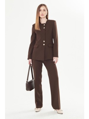 Lovelf Gold Düğmeli Kare Yaka Takım Kahve