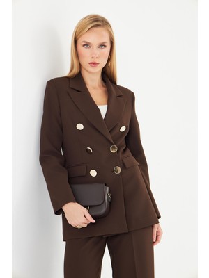 Lovelf Premium Büyük Gold Düğmeli Kruvaze Takım Kahve