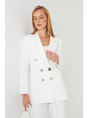 Lovelf Premium Büyük Gold Düğmeli Kruvaze Takım Beyaz