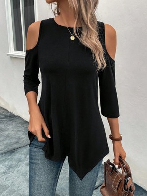 Nnstartshopping  Kadın Omuzlardan Açık Sıfır Yaka Asimetrik Kesim Detay Viskon Bluz