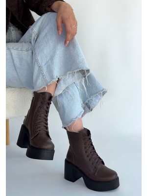 Shoegar Tsan Kahverengi Cilt Bağcıklı Topuklu Bot
