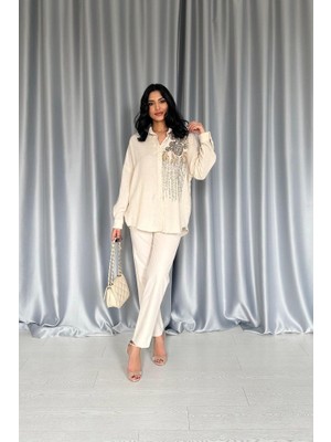 Hariqa Krem Pulpayet Nakışlı Bedensiz Gömlek