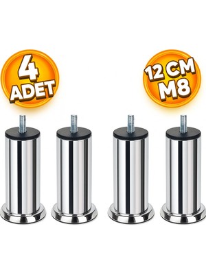 Badem10 (12 Cm 4 Adet) Mobilya Kanepe Koltuk Baza Yatak Çekyat Yükseltme Ayağı M8 Ince Diş Krom Metal Ayakları
