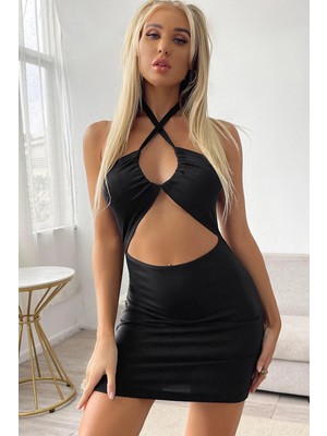 Marsilyan Kadın Siyah Sırt ve Göğüs Dekolteli Boyundan Bağlamalı Gecelik