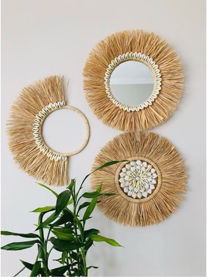 Elioure Deniz Kabuklu Rafya Ayna Seti El Yapımı Duvar Dekorasyonu Hasır Ayna