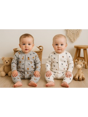 Aki Moda Kidserkek Bebek Yeni Doğan Pamuklu Animal Desenli 2li Yeni Doğan Bebek Tulum Takım