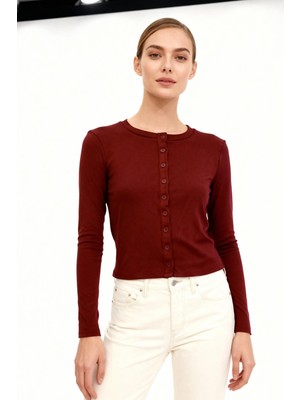 Rays Bordo Ön Düğmeli Bisiklet Yaka Uzun Kollu Fitilli Kadın Body 8270A