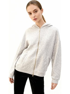 Rays Gri Kapüşonlu Fermuarlı Oversize Kadın Hırka 3116A