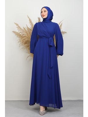 Bağlama Detay Şifon Elbise Gece Mavi