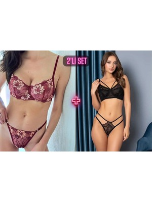 Vellora Dantelli Bordo Çiçek Desenli Balenli Askılı + Siyah Balensiz Yumuşak Esnek Sütyen ve Tanga 2'li Set
