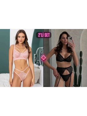 Vellora Jartiyer Takımı Siyah Çizgili Sütyen + Pembe Balensiz Dantelli Sütyen Bralet ve Tanga 2'li Set