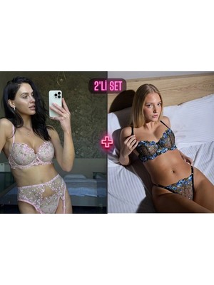 Vellora Mavi Çiçek Desenli Sütyen Balenli Tanga+Pembe Çiçek Desenli 3'lü Jartiyer Takımı Bralet ve Tanga Set