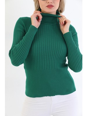 Pinpery Kadın Zümrüt Fitilli Triko Boğazlı Balıkçı Yaka Kazak %100 Pamuk Triko