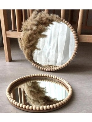 Elioure Bej Pampaş 2'li Ayna Boncuklu Duvar Süsü, Şık ve Doğal Dekor.