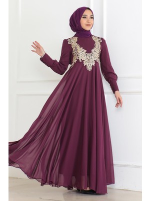 Dantel Detaylı Şifon Abiye Mürdüm 6113